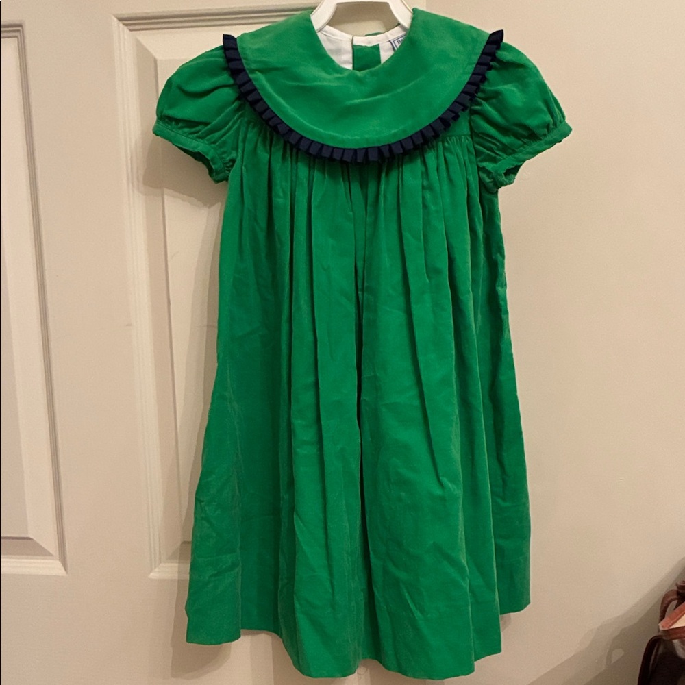 Green Corduroy Dress with Navy Ribbon Trimmed Collar